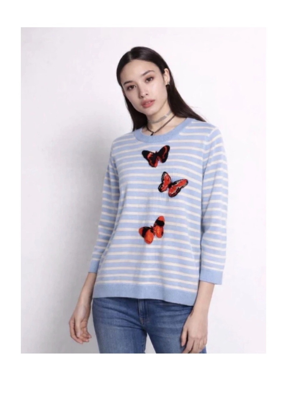 J. Crew Light Blue & White Striped Butterfly 100% Merino Wool Sweater Size S